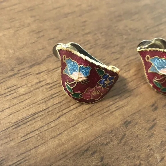Vintage Red Flower Butterfly Cloisonne Domed  Earrings Gold Plated Clip On - Picture 4 of 7